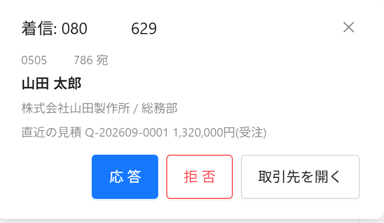 着信ポップアップ。掛けてきたお客様の名前・会社・直近の見積が出ている